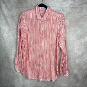 J.Mclaughlin 100% Linen Striped Button Down Long Sleeves Blouse In Red Size M
